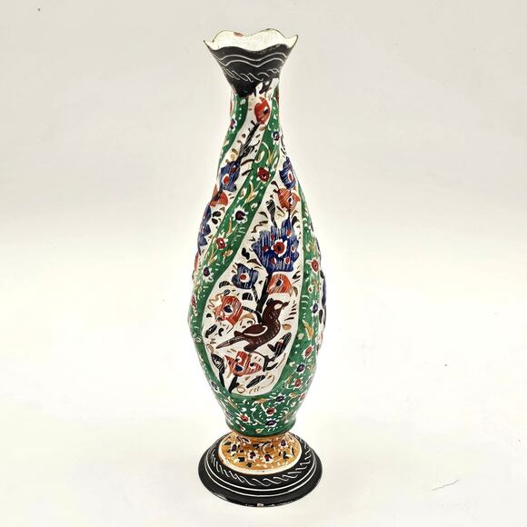 Vintage Persian Hand-Painted Metal Vase with Textured Flowers & Bird 8.5" - Picture 7 of 8